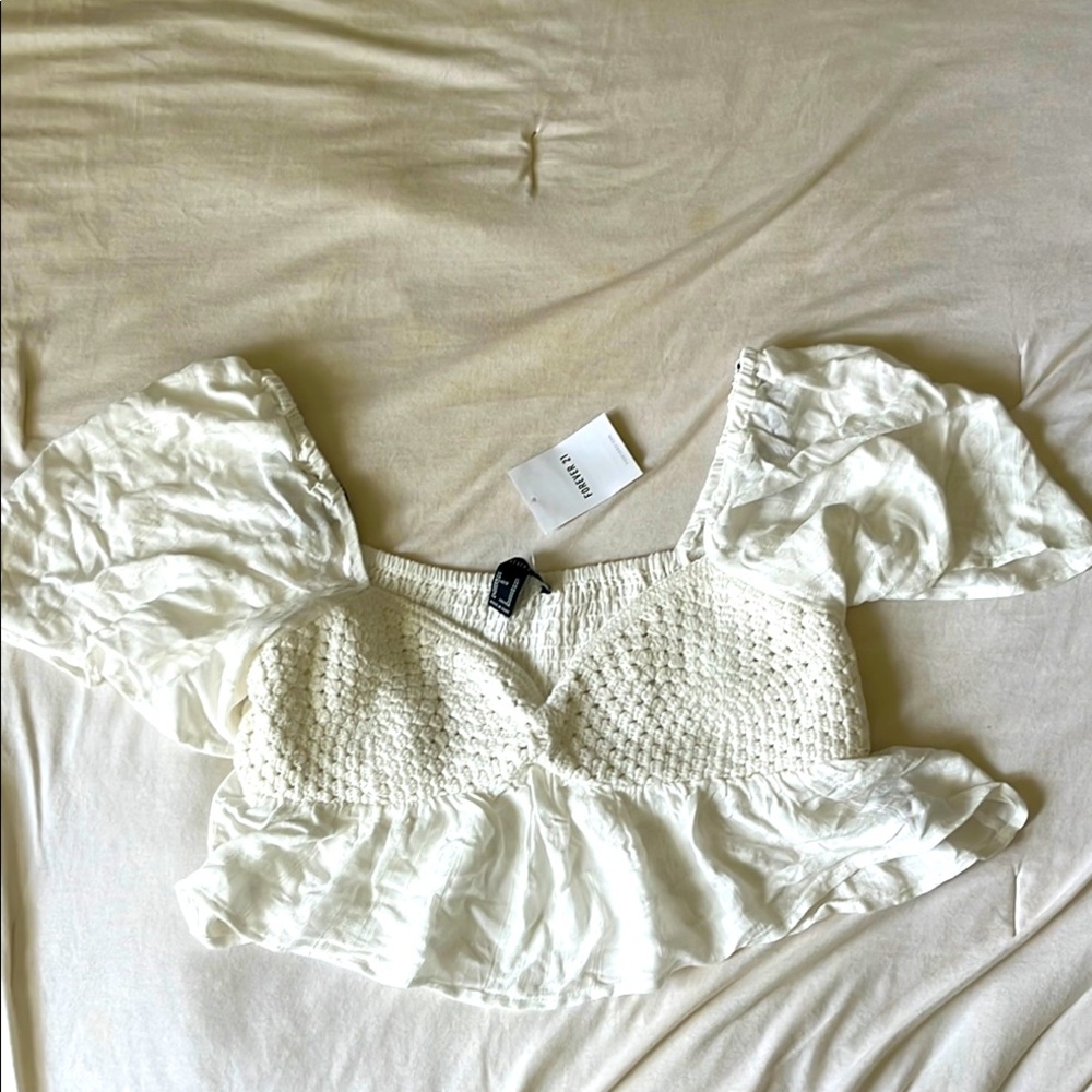 Forever 21 White Puff Sleeve Smocked Blouse